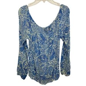 Express‎ Design Studio Sheer Blouse S Blue Silk Metallic Paisley Whimsigoth Y2K